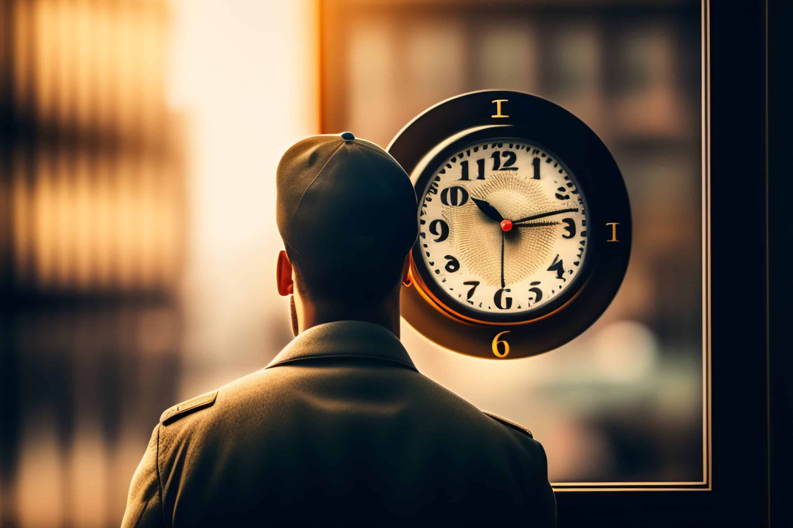 homme de dos face à une horloge
