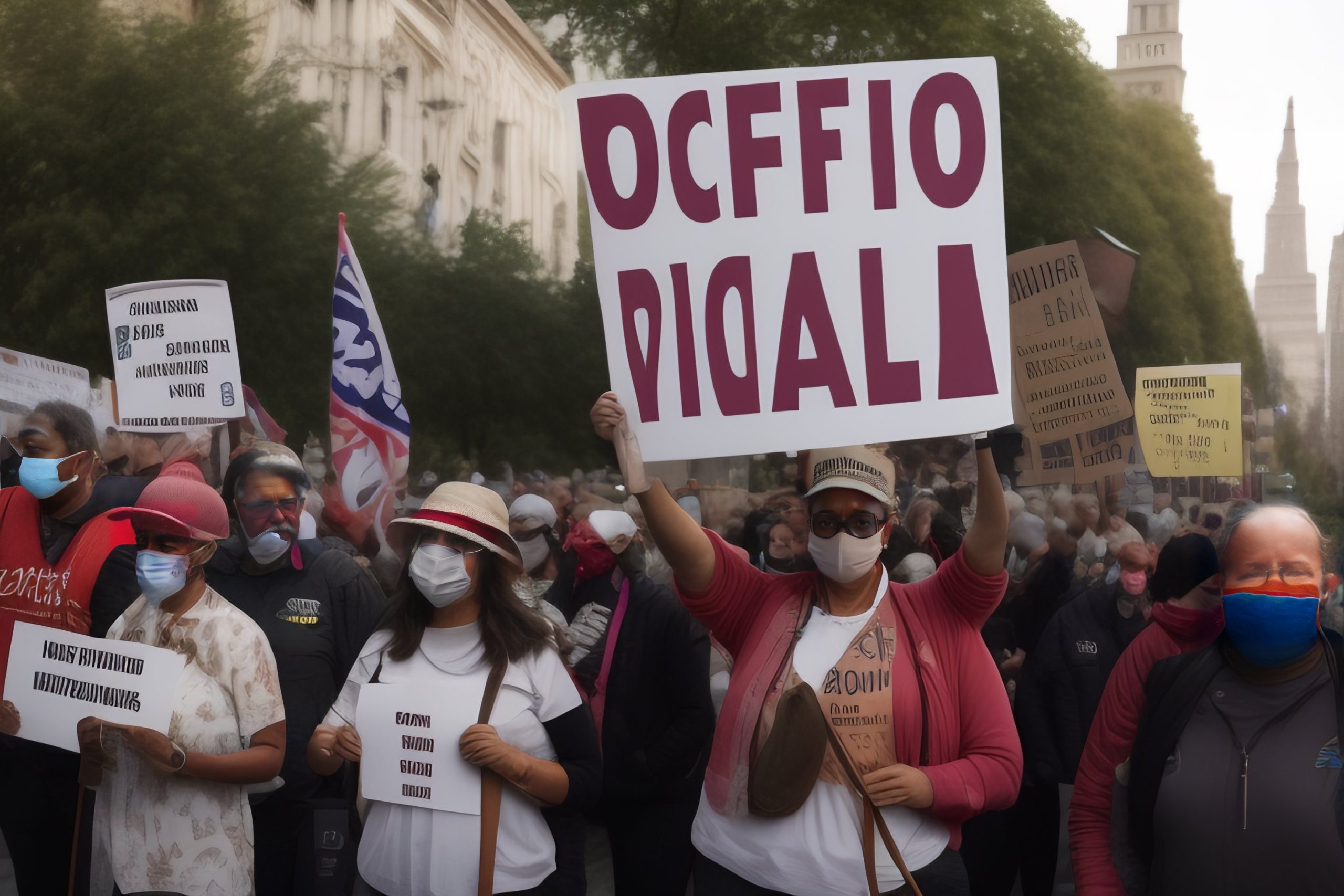 des gens qui manifestent avec des panneaux