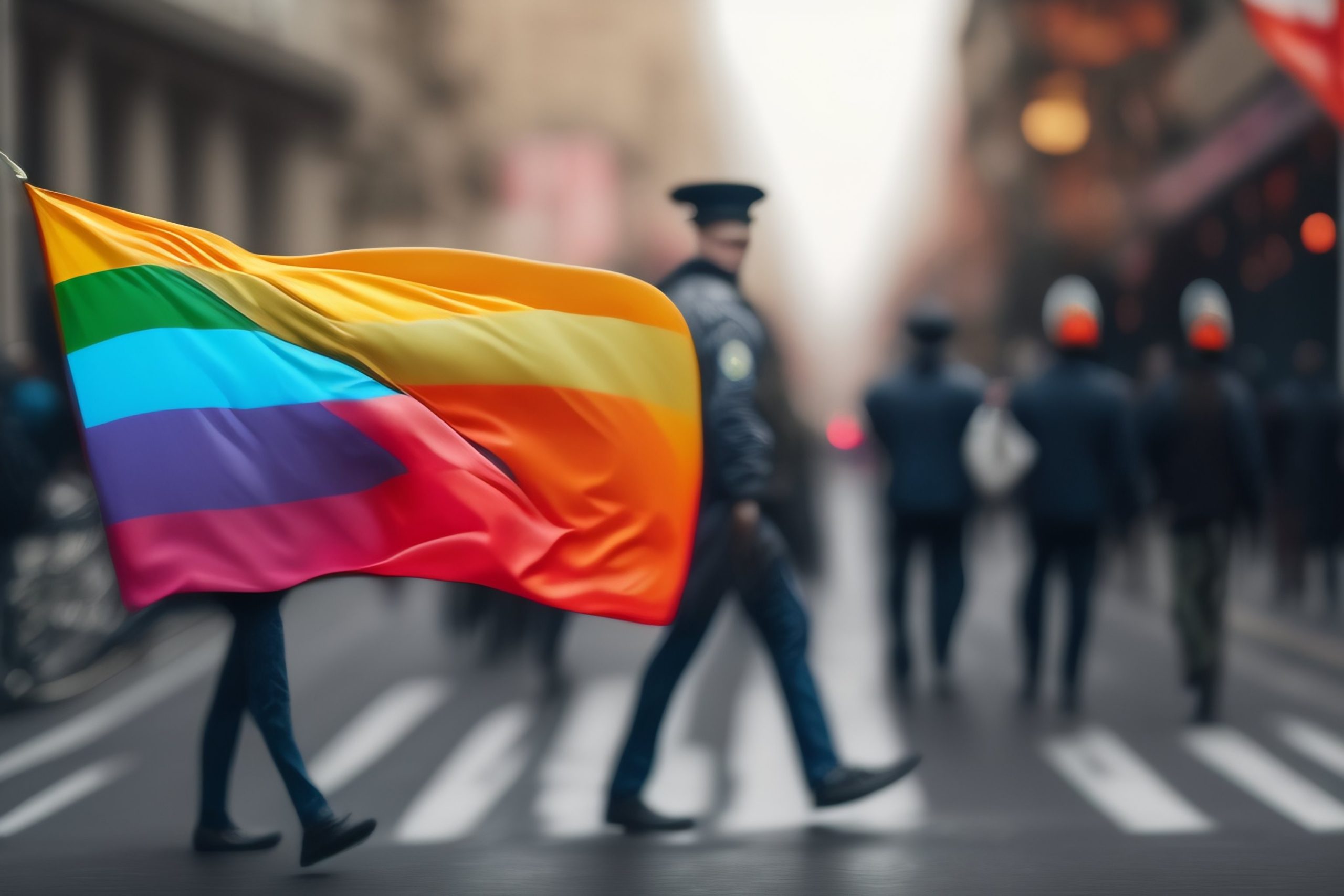 Personnes sur un passage piéton avec un drapeau à la main, le drapeau de l’inclusion.