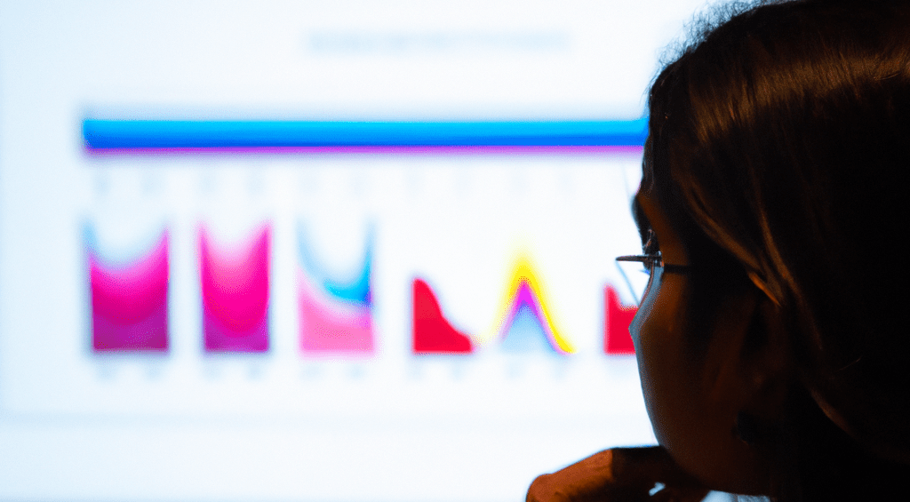 une femme regardant un écran avec un histogramme