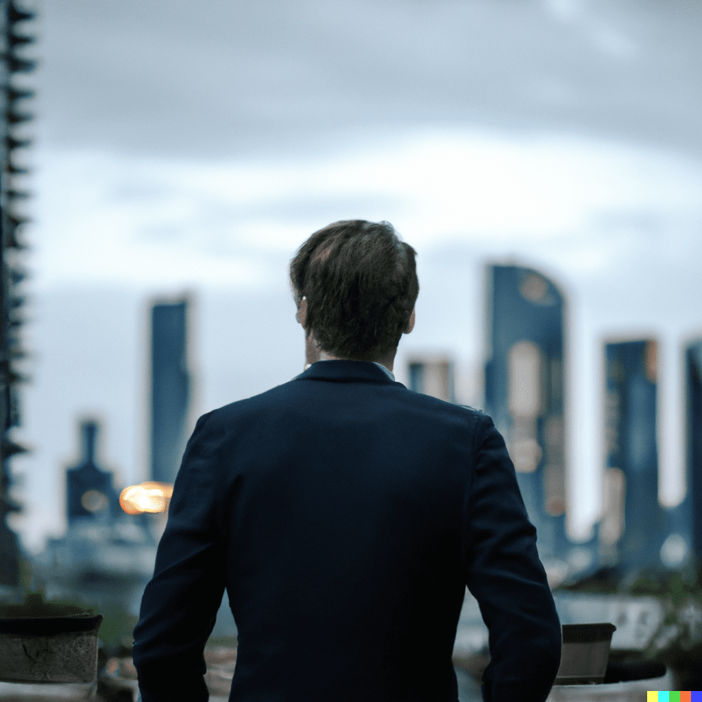 un homme de dos en costume avec devant lui des buildings