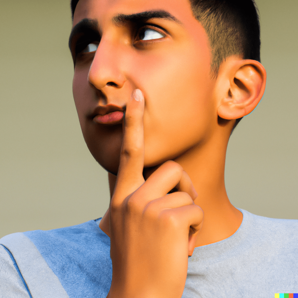 Jeune avec un doigt sur le visage réfléchissant