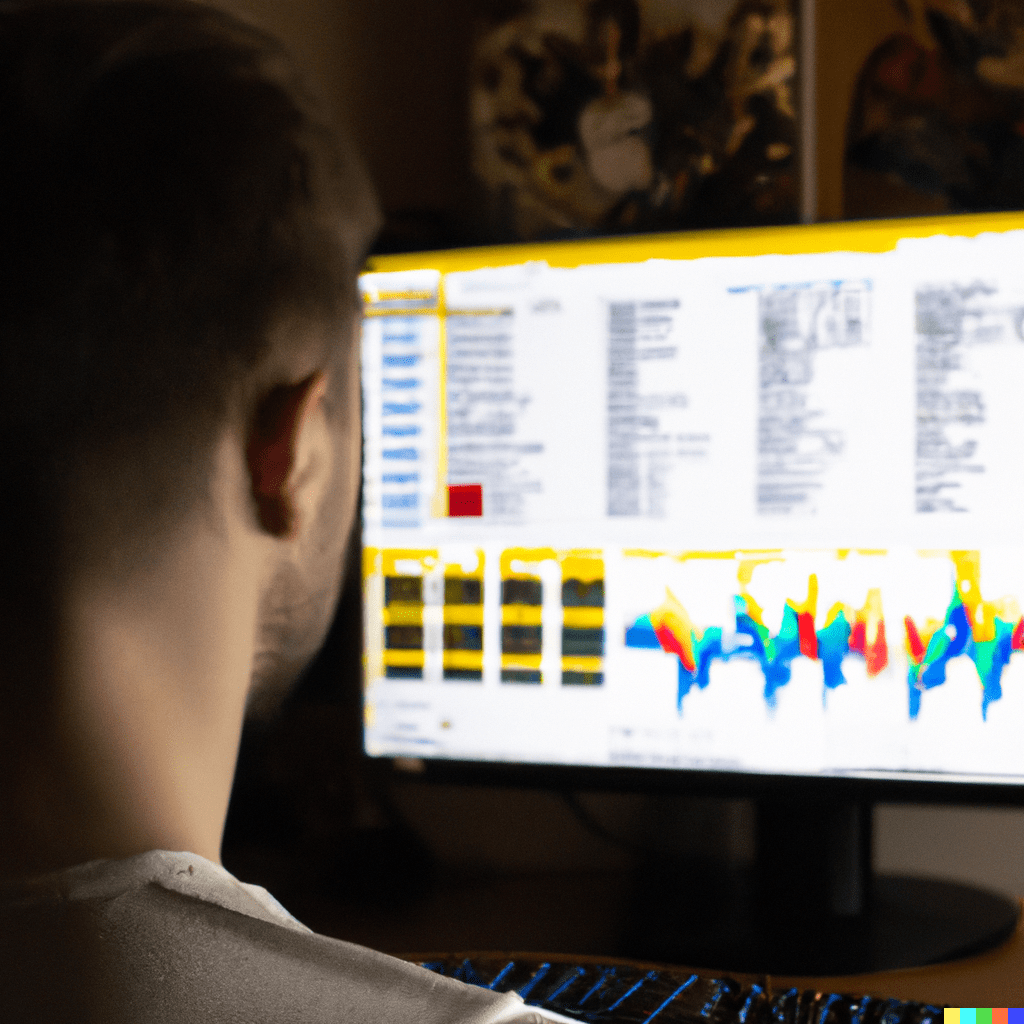 une personne chez elle devant son ordinateur de dos. on voit sur l’écran des graphiques