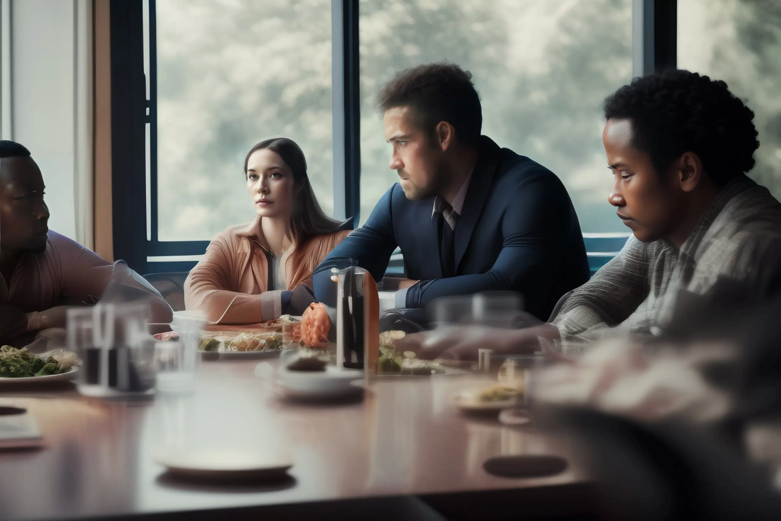 Photo d'une équipe de travail composée de personnes de différentes cultures, assises autour d'une table, en train de discuter et de travailler ensemble de manière collaborative