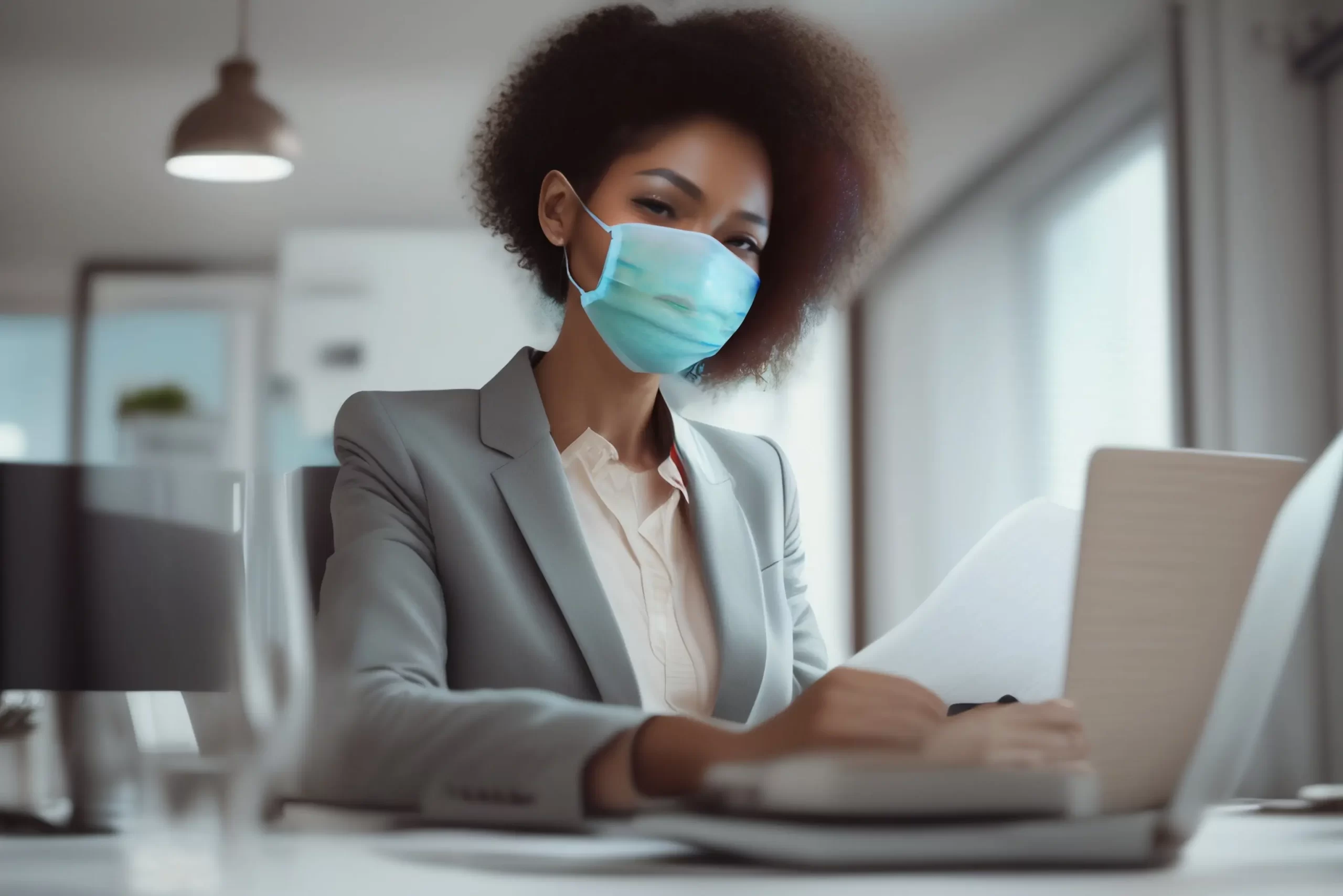 une femme portant un masque dans un bureau