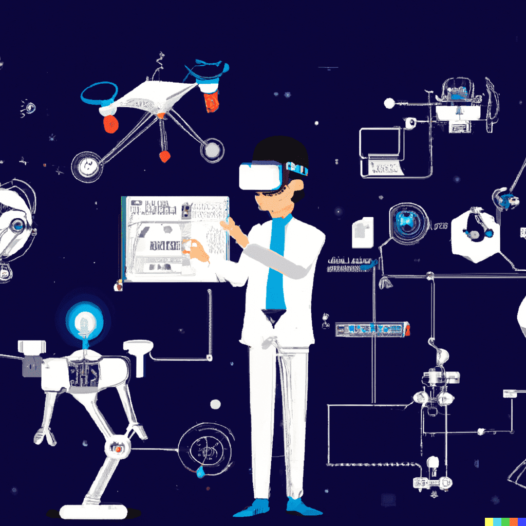 Personne travaillant sur des ordinateurs ou des tablettes, avec un arrière-plan qui représente des innovations technologiques telles que des robots, des drones ou des dispositifs de réalité virtuelle.