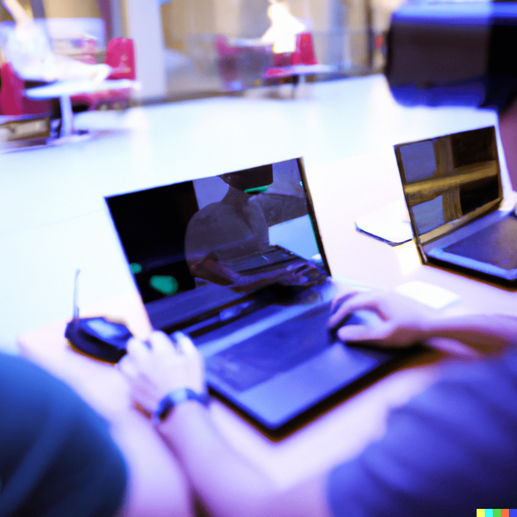 Une photo représentant des travailleurs utilisant des ordinateurs portables dans un environnement de travail moderne, avec des éléments de technologie avancée tels que des écrans tactiles et des accessoires de réalité virtuelle.