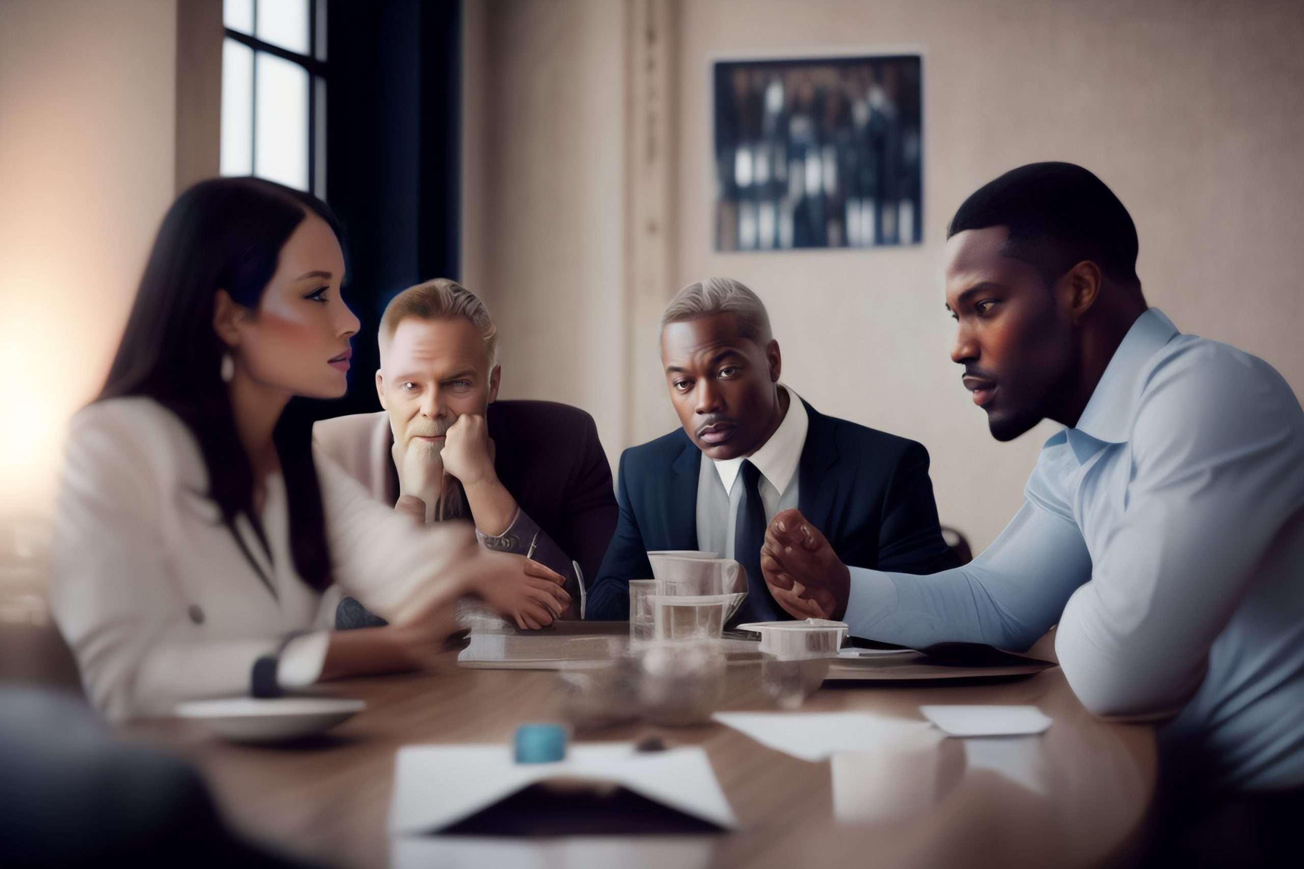 Une équipe de travail en train de discuter autour d'une table de réunion, avec des expressions faciales variées qui reflètent des opinions ou des points de vue différents