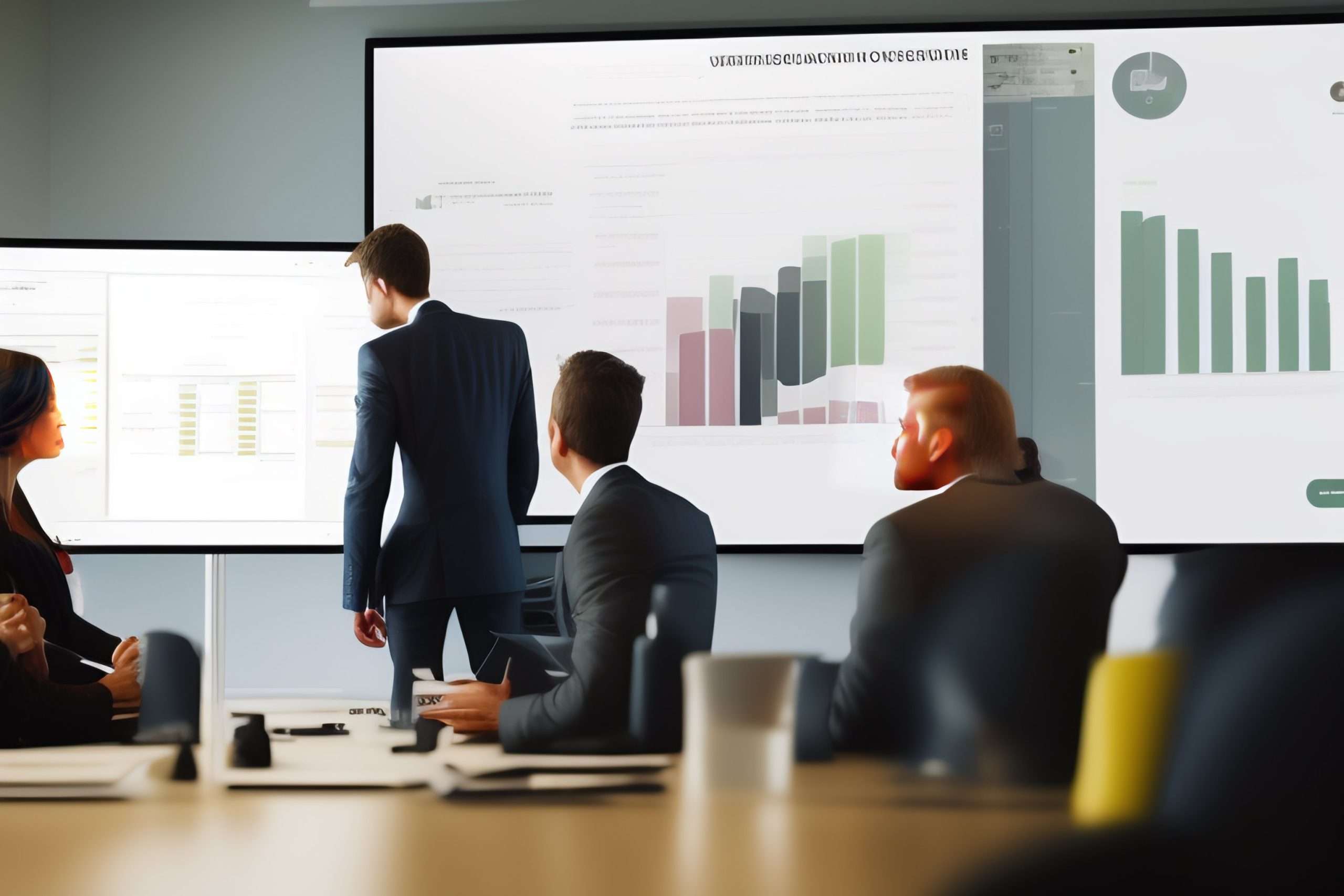 un groupe d'employés de l'entreprise en train de se réunir autour d'une table de conférence, avec un tableau blanc ou un écran d'ordinateur montrant une présentation
