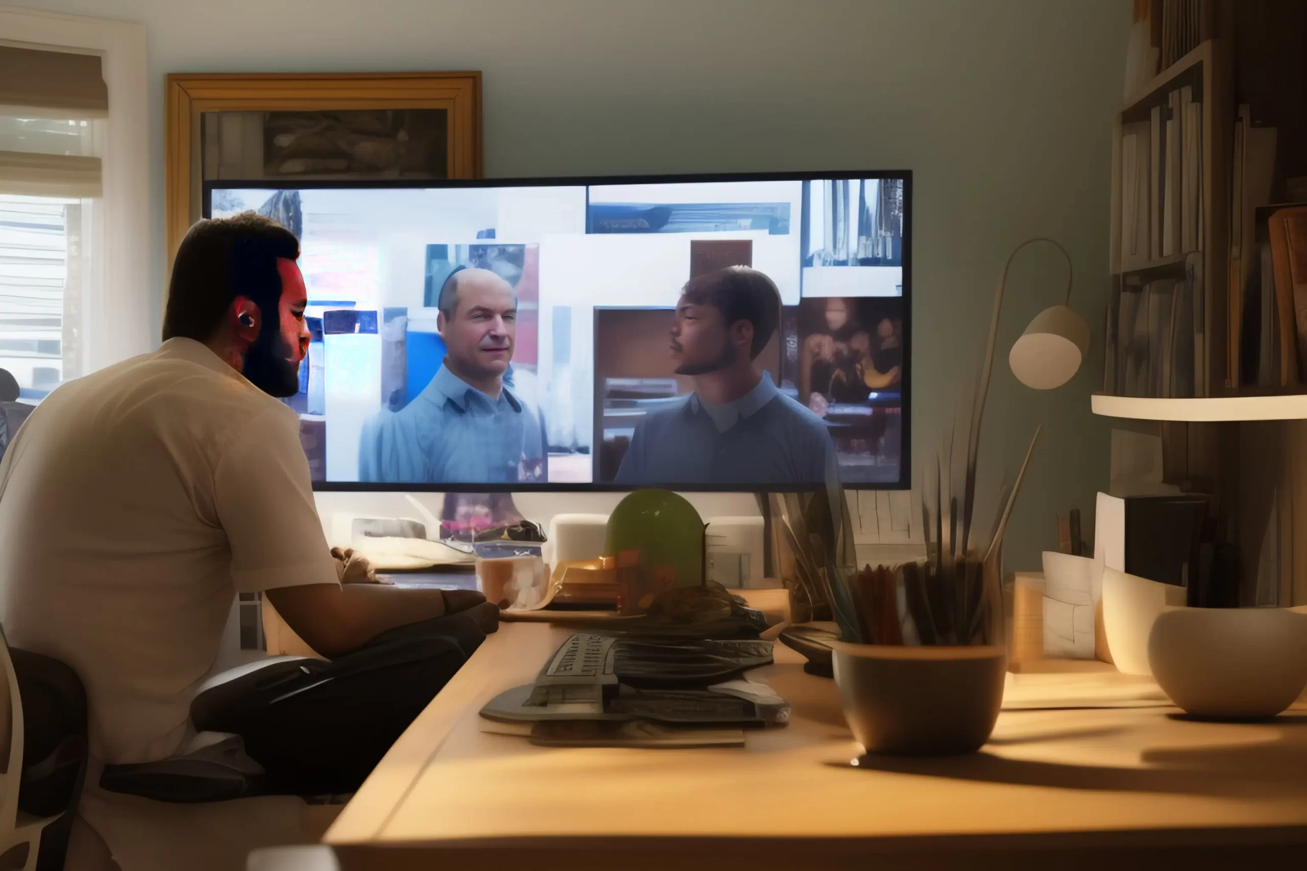 un employé travaillant à son bureau tout en ayant une conversation vidéo avec sa famille à la maison