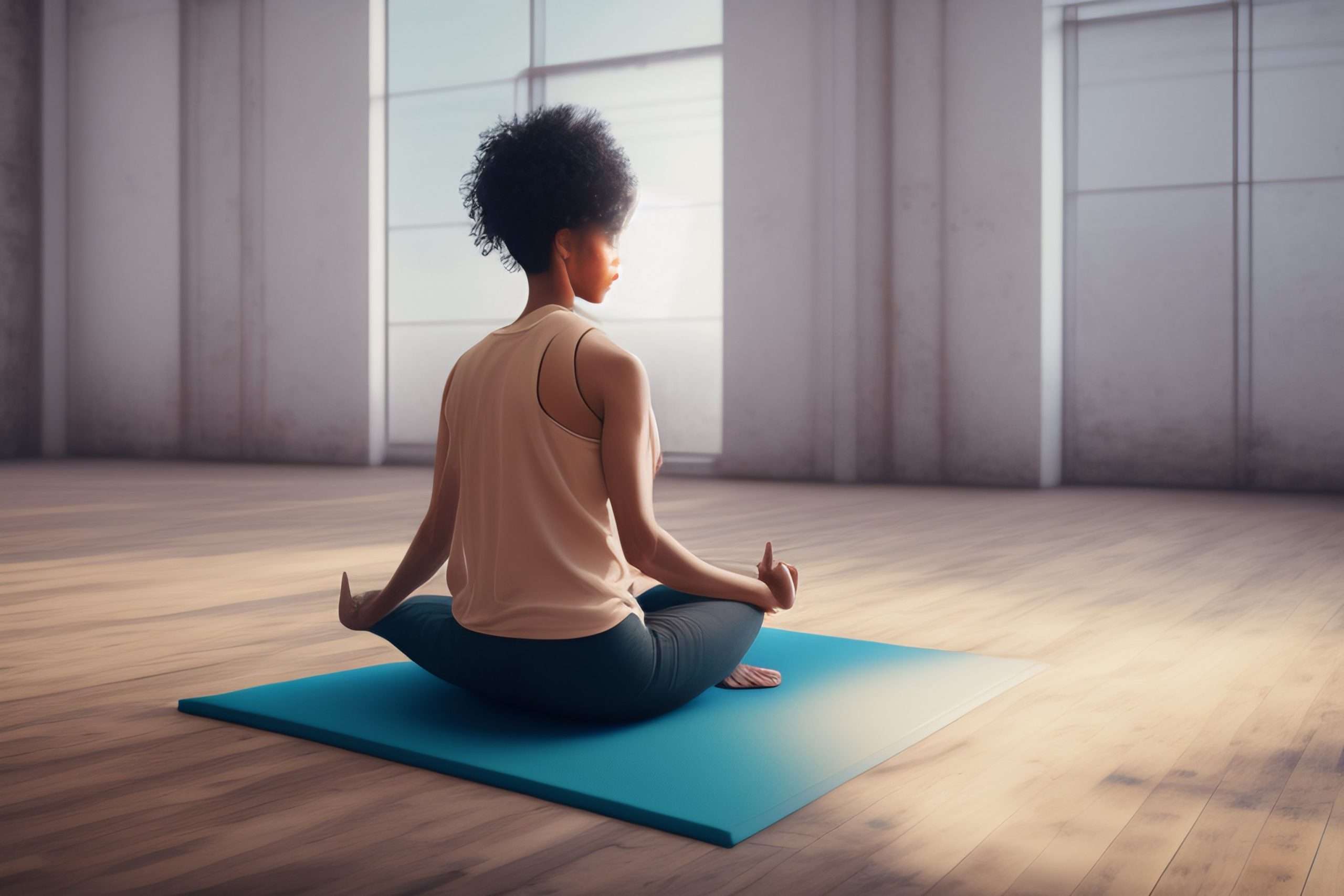 Une femme assise sur un tapis de yoga, les yeux fermés et les mains en position de méditation.