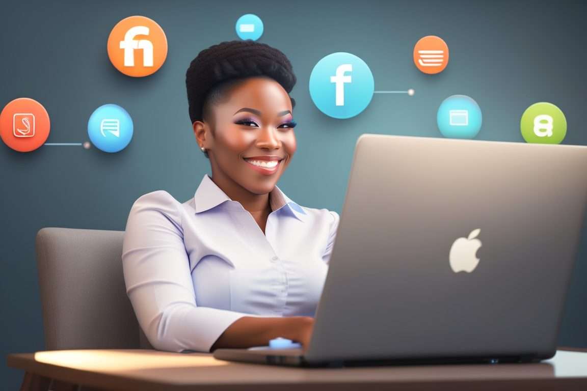 femme souriante et professionnelle, assise devant un ordinateur portable, avec des icônes de médias sociaux stylisées à l'arrière-plan.