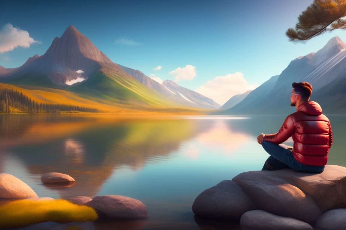 un paysage idyllique, avec une personne assise près d'un lac entouré de montagnes majestueuses. La personne est détendue, les yeux fermés, et respire profondément, laissant les soucis du travail s'évaporer.