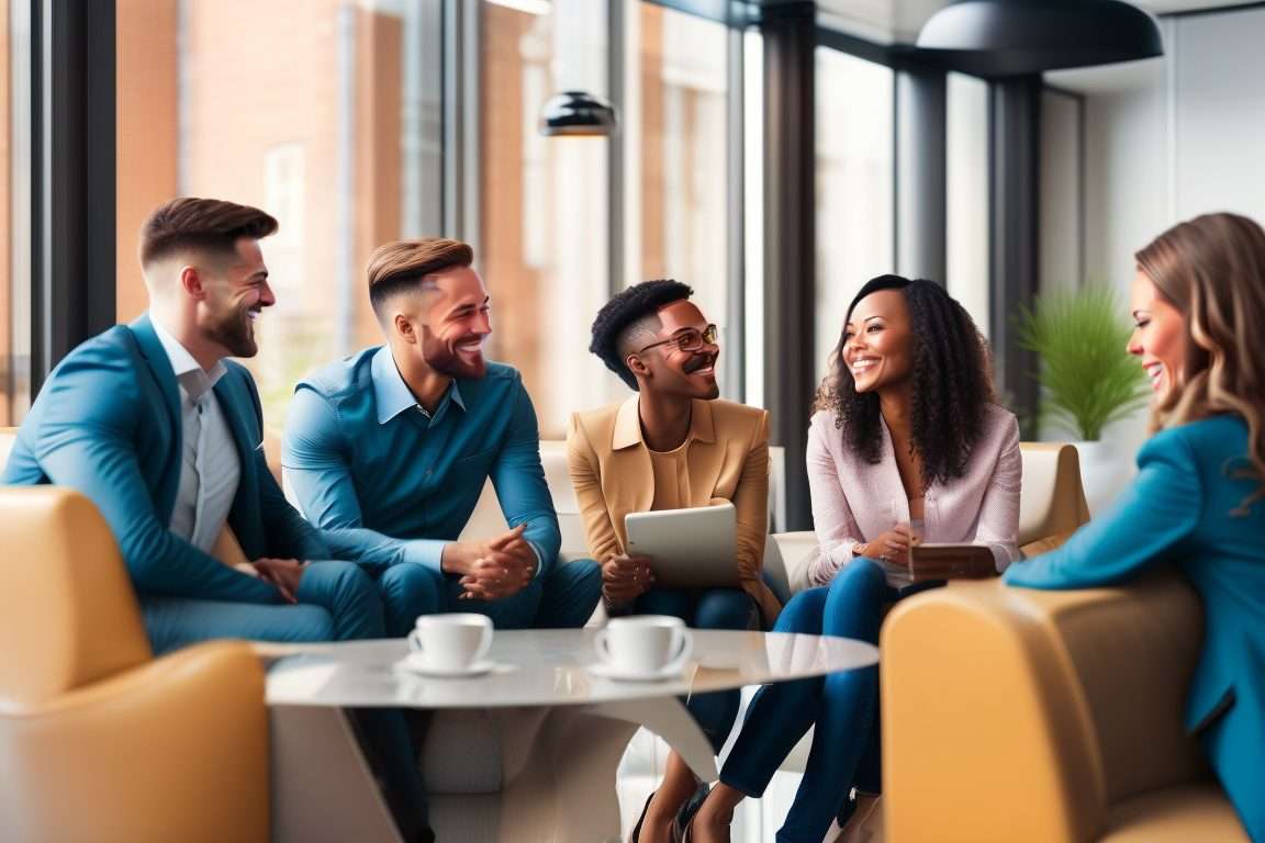 un groupe de collègues souriants, discutant de manière détendue dans un espace de bureau moderne et lumineux.
