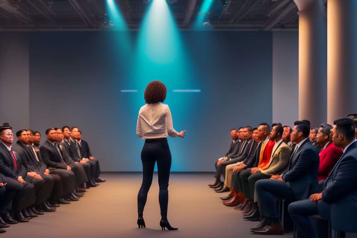 Une personne debout devant un groupe, exprimant son point de vue avec assurance et respect, tandis que les autres membres du groupe l'écoutent attentivement.
