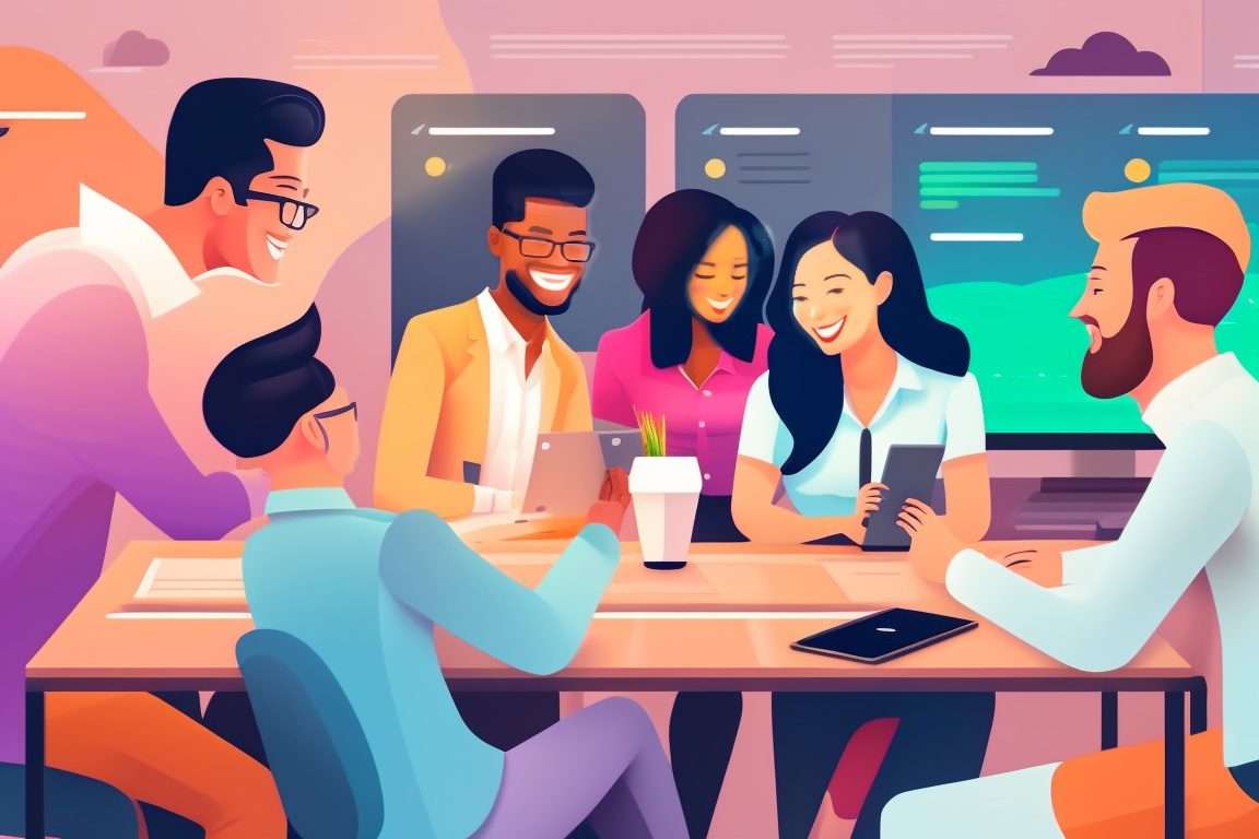 L'image met en scène un groupe diversifié de jeunes professionnels, tous souriants et dynamiques. On peut voir leur enthousiasme à travers leurs expressions confiantes et leur posture attentive. Ils sont réunis dans un espace de travail moderne et lumineux, symbolisant un environnement propice à la créativité et à l'innovation. Certains sont en train de discuter autour d'une table, d'autres manipulent des outils technologiques, et certains prennent des notes ou échangent des idées avec passion. L'image reflète une atmosphère de collaboration et d'apprentissage, mettant en évidence la motivation et le potentiel des candidats sans expérience à contribuer de manière positive à une entreprise.