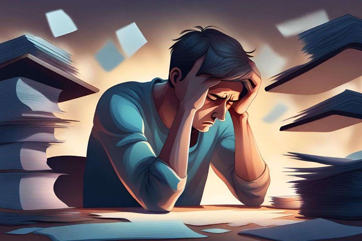 Une personne stressée ou mécontente devant un bureau en désordre ou des tâches administratives
