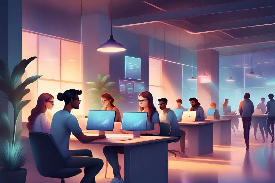 une image de jeunes travailleurs indépendants travaillant dans un espace de coworking moderne et dynamique.