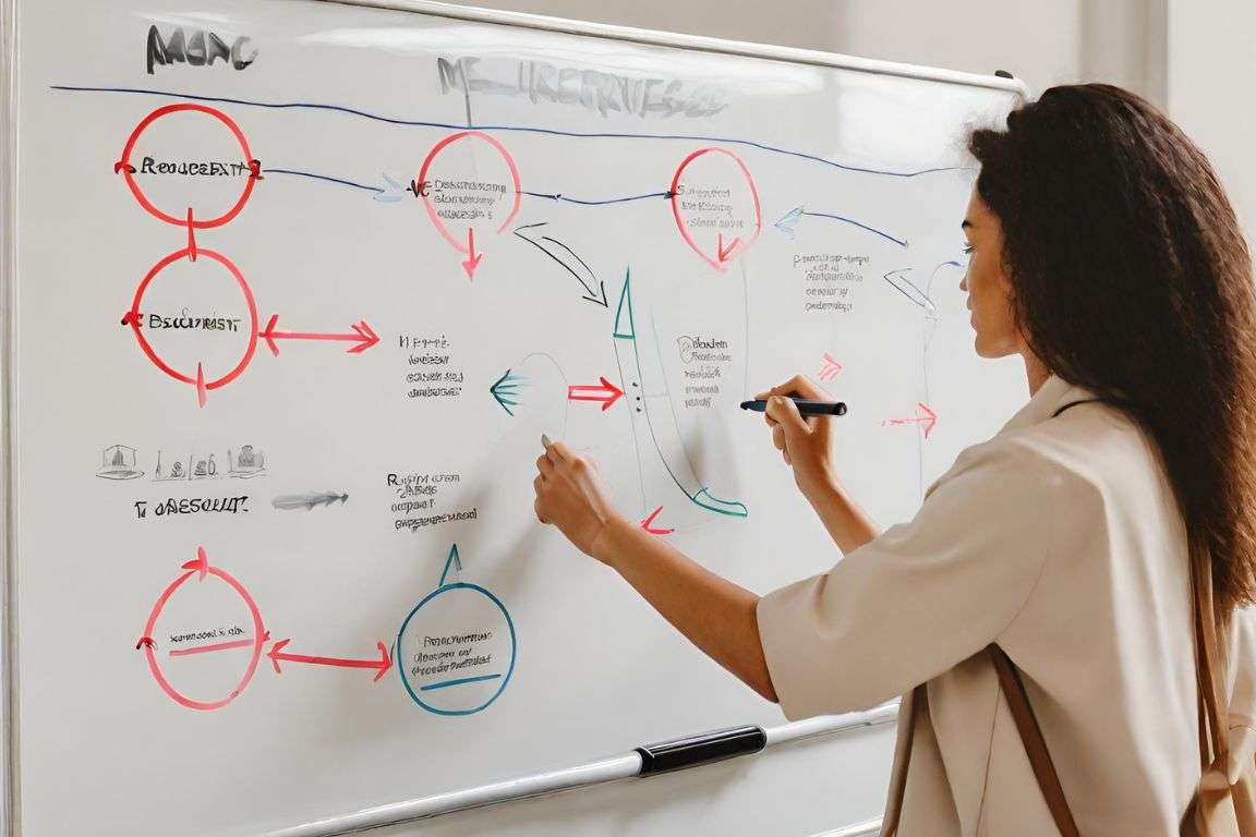 Tableau blanc avec des étapes : Une illustration graphique sur un tableau blanc montrant les différentes étapes du recrutement, avec des flèches indiquant la progression.
