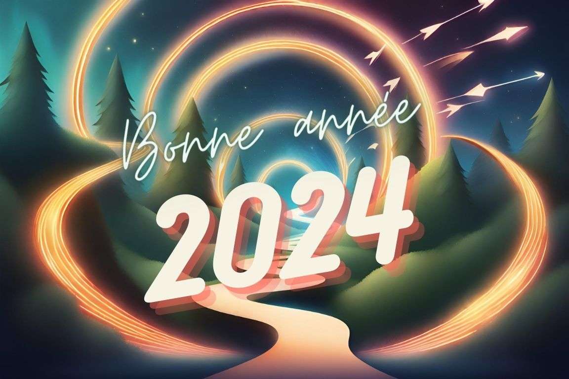 Une image représentant un chemin sinueux entouré de symboles professionnels tels que des flèches vers le haut, des ampoules, et des éléments graphiques inspirants pourrait être une option visuelle forte. Cela symbolise le parcours professionnel, les idées innovantes et la croissance continue. Ajoutez également une touche de couleur vive pour renforcer la positivité et l'énergie. Avec par dessus le texte : « Bonne année 2024 »